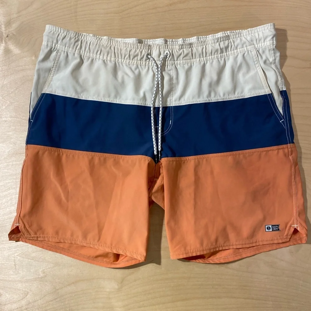 Salty Crew Men's Swim Trunks - Orange, Blue, and Cream Large (C)